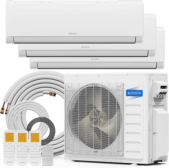 ROVSUN 28000 BTU Tri Zone Mini Split AC/Heating System, 20 SEER2 3 Zone (9K/9K/9K) BTU Ductless Split Air Conditioner with Pre-Charged Condenser, Heat Pump & 25Ft Line Set, 208-230V