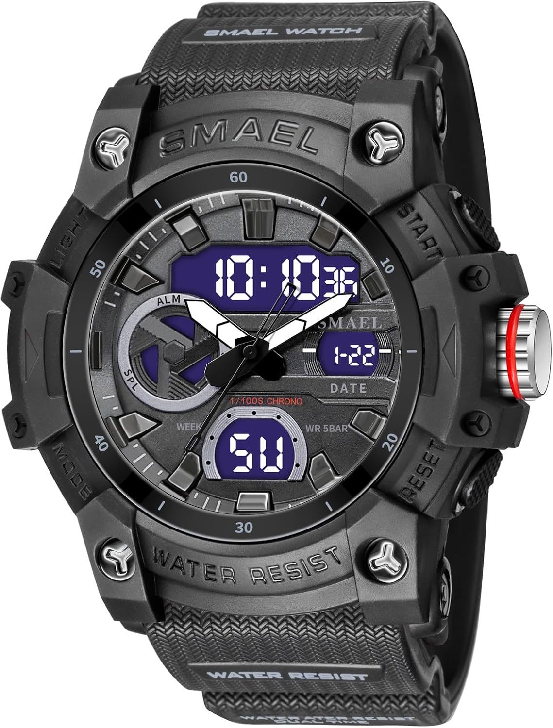 KXAITO Mens Watches Sports Outdoor Waterproof Military Watch Date Multi Function Tactics LED Face Alarm Stopwatch for Men 8086 Black