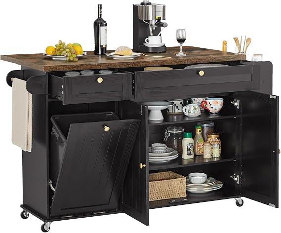 ONBRILL 60" Kitchen Island with Trash Can Storage, Black+Rustic Brown | Kitchen Island Cart with Power Outlet & Drop Leaf, Storage Cabinet with Adjustable Shelf, Rolling Island Table for Kitchen