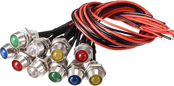 uxcell LED Signal Indicator Lights AC/DC 12V 8mm Panel Mount Metal Shell Warning Lamps Red Yellow Blue Green White 10Pcs, for Industrial Electrical Car Motorcycles Boat