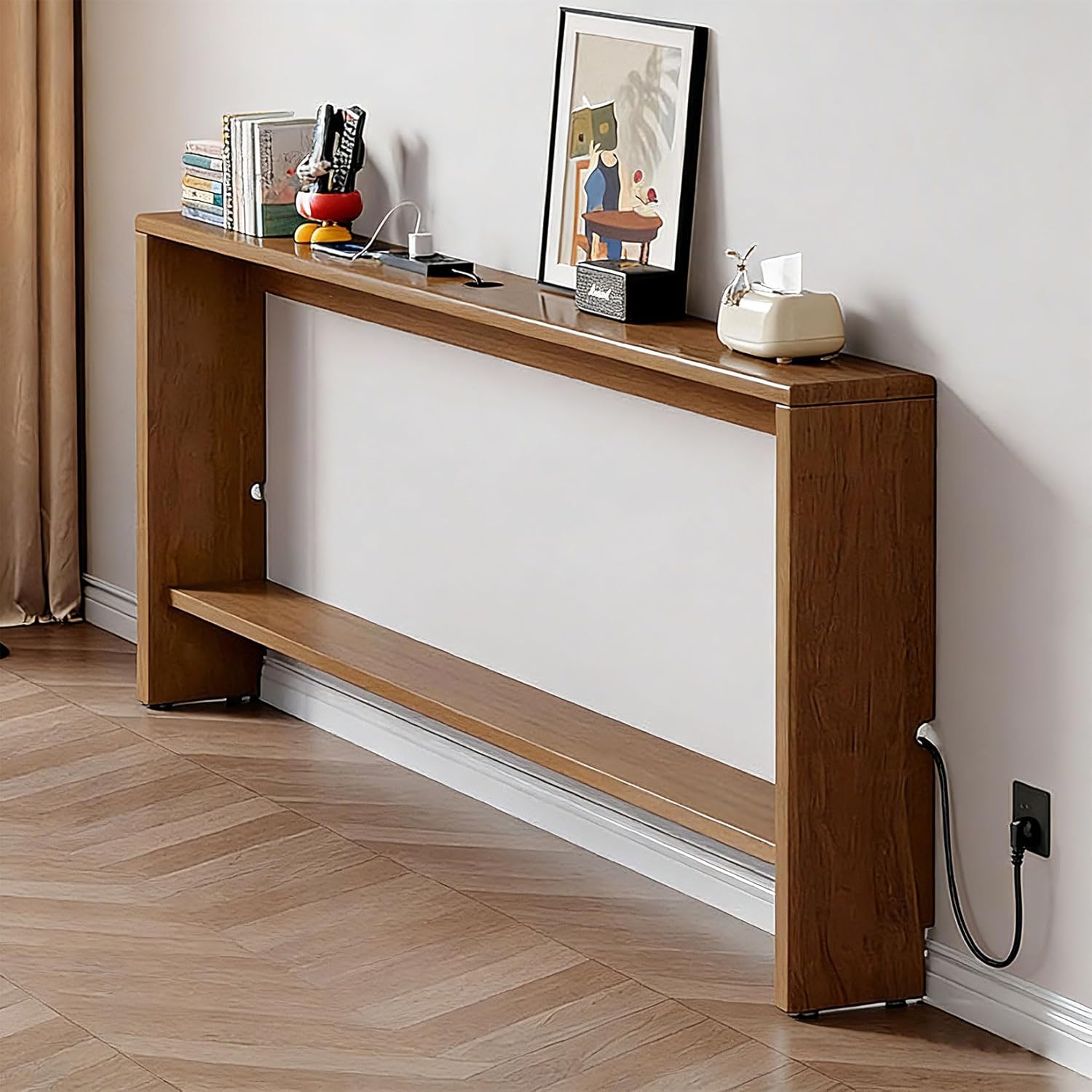 Narrow Gap Storage Rack Wood,Sofa Side Table for Hallway/Living Room/Bedroom,Solid Wood Open Narrow Storage Shelf 100×10×69cm Light walnut color