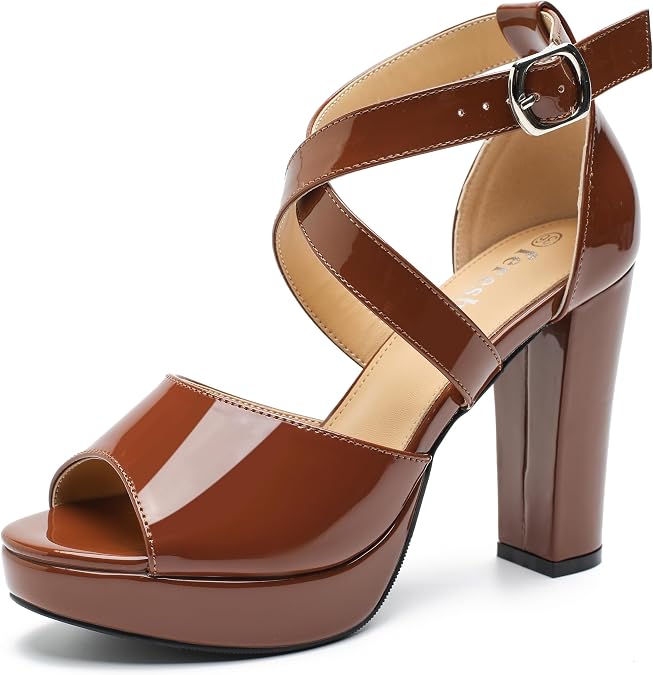 fereshte Women's Platform Sandals, Chunky Block Heel, Crisscross Ankle Strap, Open Toe, 3.94 Inch High Heeled Dress Shoes