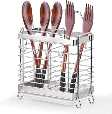 Utensil Holder, Stainless Steel Utensil Drying Rack with Drain Tray, Kitchen Counter Drainer Basket Silverware Cutlery Flatware Holder Forks, Knives, Spoons, Chopsticks Organizer Silver