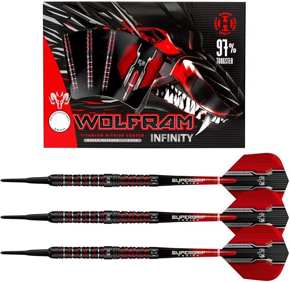 Harrows Wolfram Infinity 97% Tungsten Soft Tip Darts Set | 18g and 20g | Includes Supergrip Fusion Shafts and 100 Micron Prime Flights (18g)