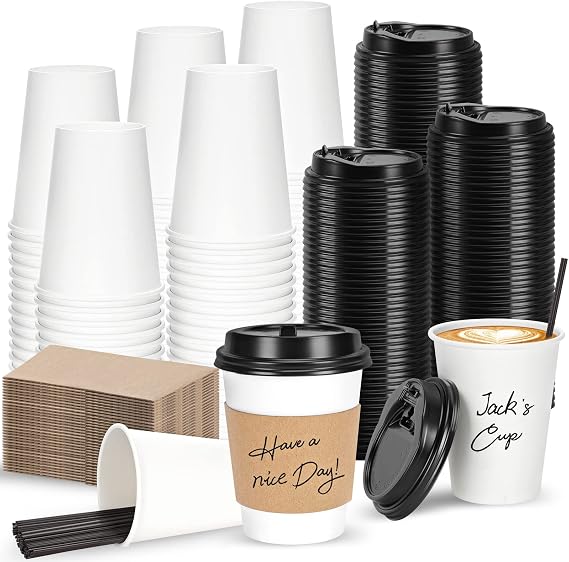 100 Pack 12 oz Disposable Cups with Lids, Sleeves and Stir Straws - Paper To Go Cups for Home, Office, Cafes, Weddings and Parties