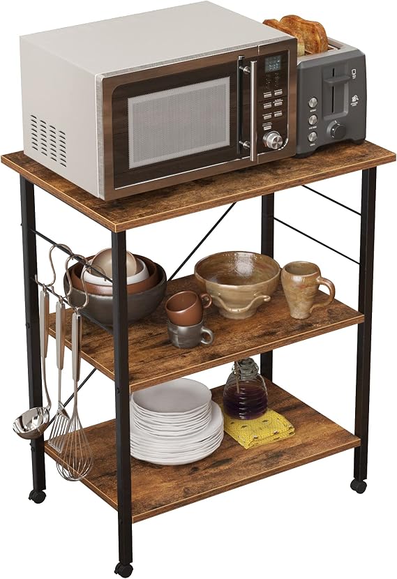 soges 3-Tier Kitchen Baker's Rack Utility Microwave Cart Storage Shelf Spice Organizer Workstation with 10 Hooks, Rustic Brown KS-LD-007