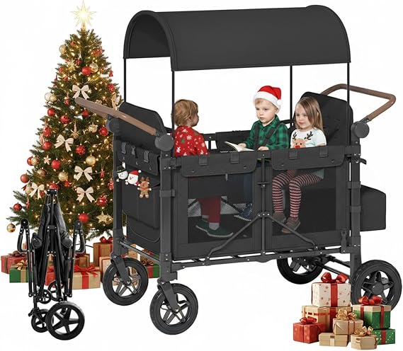 4 Seater Wagon Stroller,Foldable Stroller with Safety Belt, Puncture-Proof Tires, All-Terrain Wagon with 360 Swivel Lockable Wheels, Large Storage Bag, Canopy,51.18 * 31.5 * 43.31 in.