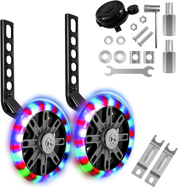 WUBAYI Adjustable Bike Stabilisers for Childs Bike 12 14 16 18 20 Inch Bicycle Training Wheels with Silent Flash & Stabiliser Mounted Kit Kids Cycling Support Wheels for Safe Learning