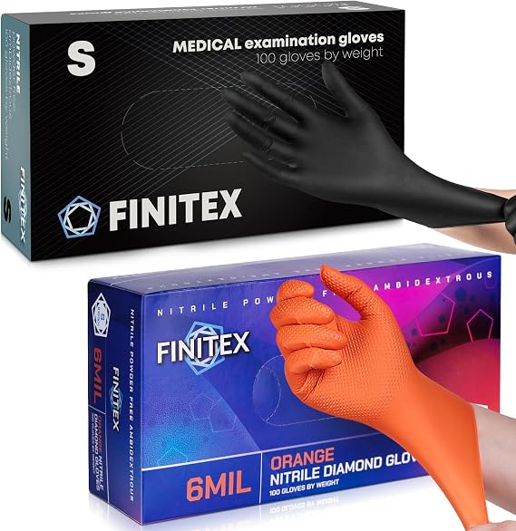 FINITEX Nitrile Disposable Gloves-Black, 5mil, 100PCS and Industrial Diamond Texture Nitrile Orange Glove, 6.3mil, 100PCS