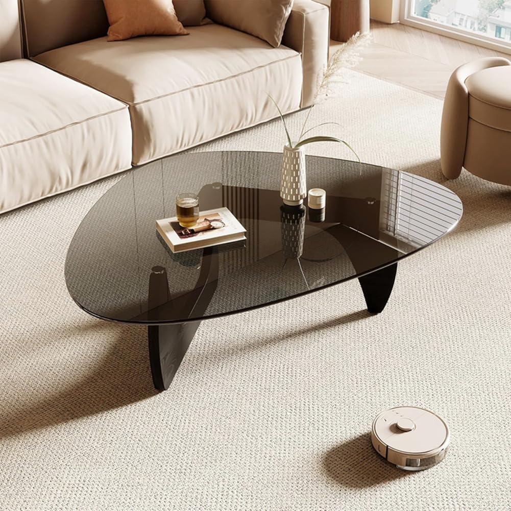 Morden Coffee Table,Triangle Glass Top Rustic Wooden Low Table for Living Room Black Leg