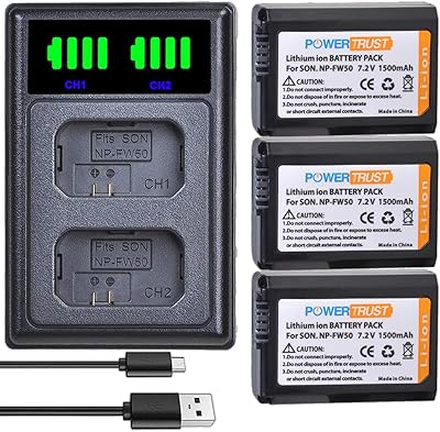 3-Pack NP-FW50 Battery and FW50 Dual USB Charger for Sony Alpha A6500, A6300, A6000, A7, A7II, A7SII, A7S, A7S2, A7R, A7R2, A7RII, A55, A5000 A5100, RX10, RX10II Camera