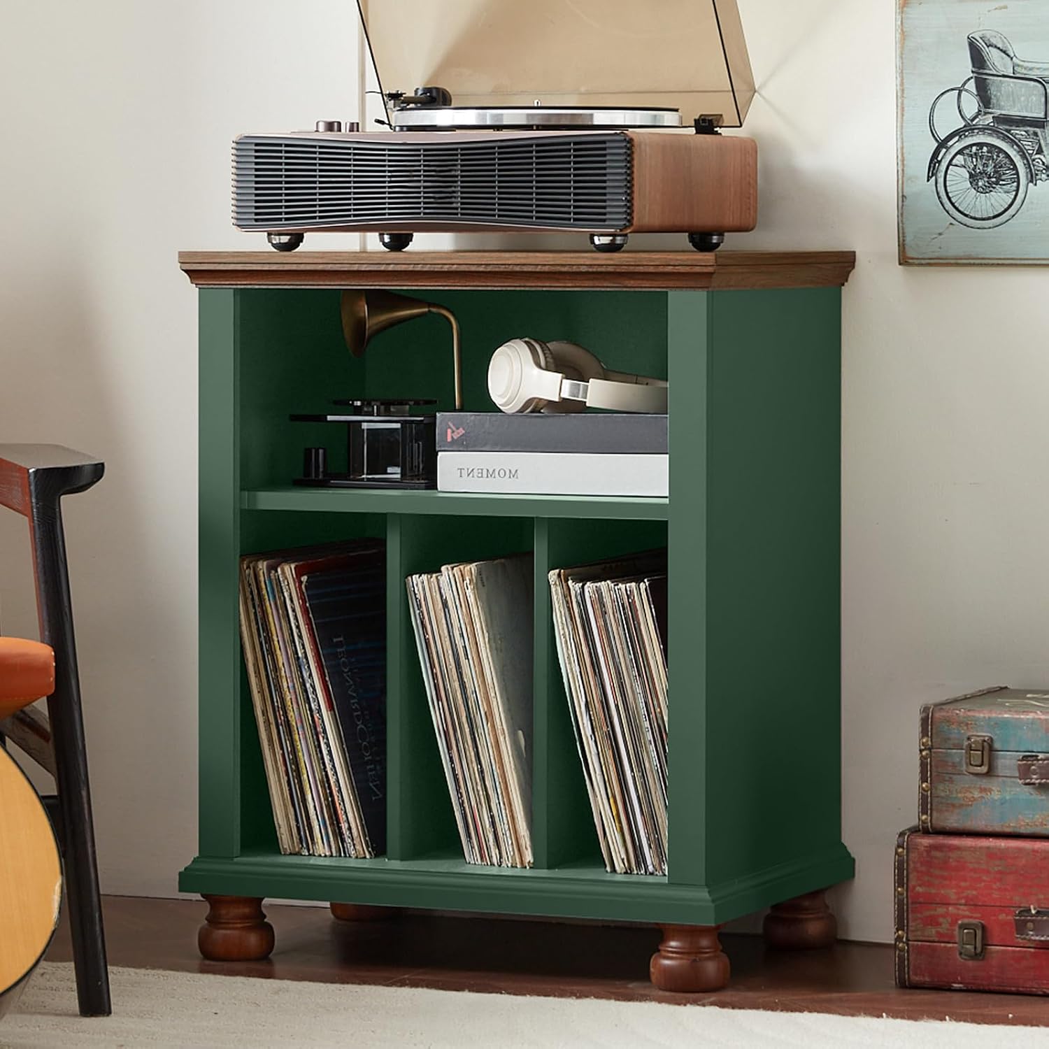 LELELINKY Large Record Player Stand with Vinyl Record Storage, 24" Wide Wood Turntable Stand, Mid-Century Record Player Table Up to 200 Albums, Cabinet Dispaly Shelf for Living Room, Bedroom, Green