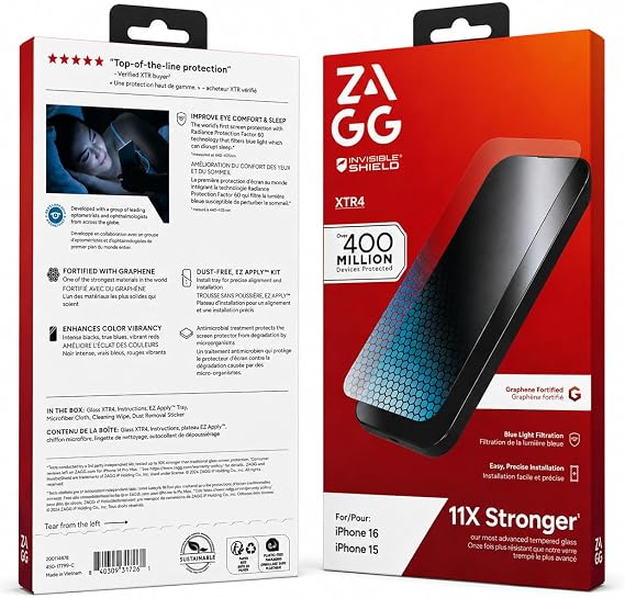 ZAGG InvisibleShield Glass XTR4 iPhone 16/15 Screen Protector - Blue-Light Filtration, 11X Stronger, Scratch & Smudge-Resistant Surface, Anti-Reflective Technology, Install Tray Included