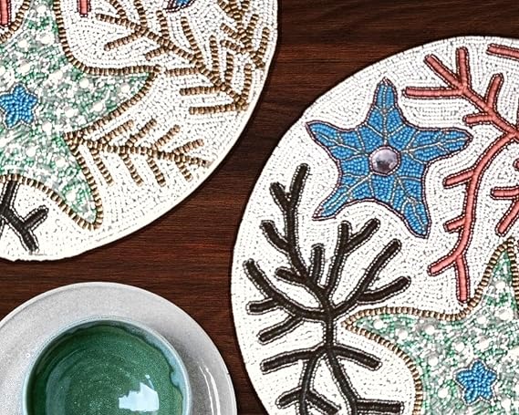 Set of 2 Handmade Beaded placemat, Star Fish Beaded Charger, sea Animal Table mat, Multicolor Table Decor Centrepiece, Gift for her, Embroidered ZARIMOON