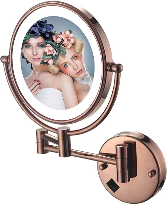 YSUEFIJO Wall Mounted Makeup Mirror Hardwired 10X, Cosmetic Mirror with Light and Magnification, 8 Inch LED Bathroom Vanity Double Sided Mirror 360 Swivel with Retractable and Folding Arm Rose Gold