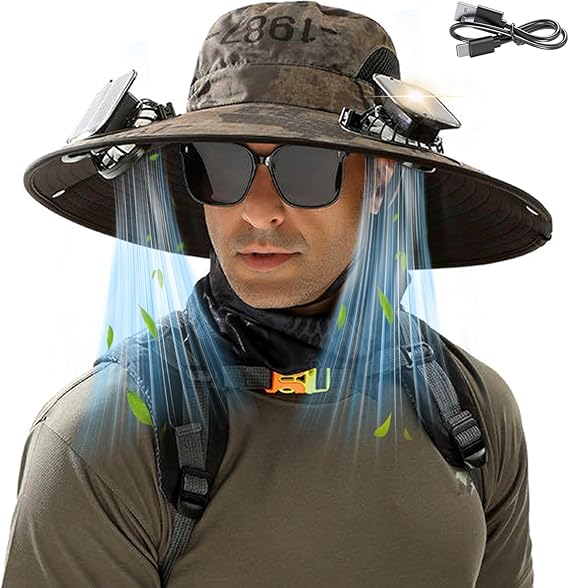 Solar Fan Hat for Men Women, Wide Brim UPF50+ Sun Hat with 2 Removable Fan 3-Speed Wind Solar&USB Charging