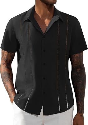 DEMEANOR Mens Linen Short Sleeve Shirt Cuban Guayabera Button Down Casual Summer Beach Vacation Wedding Shirt