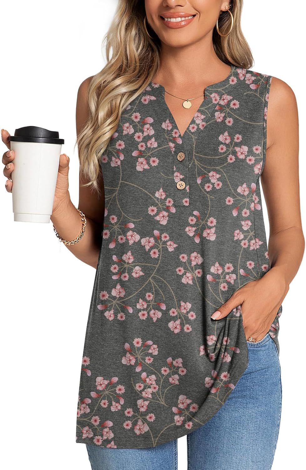 CATHY Womens Summer Tank Tops Sleeveless V-Neck Henley Shirts Trendy Button Blouses