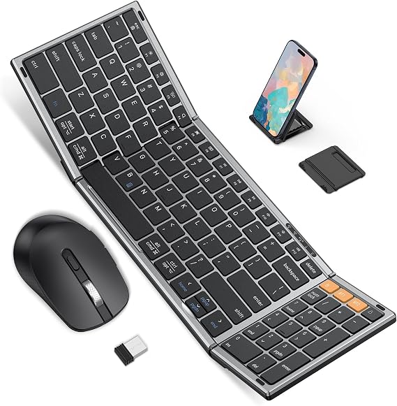 Foldable Keyboard and Mouse for 3 Devices, OMOTON Wireless Bluetooth Combo | USB-C Rechargeable, Ergonomic Mouse, Full-Size Folding with Numpad for Mac/Windows/iPhone/Tablet, Travel Portable, Space Grey