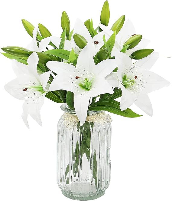 6Pcs Artificial Lily Flowers, Fake Lily Bouquet, Latex Real Touch Flowers for Home Office Wedding Party Vases Table Centerpieces Decor (White)