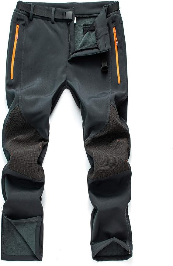 Men's Fleece Ski Pants with Belt, Waterproof Snow Hiking Pants for Snowboarding (Black, Grey)