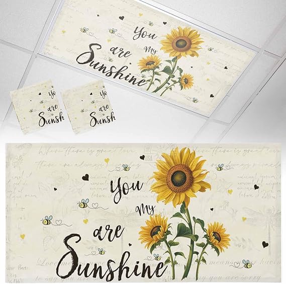 2 Pack Fluorescent Light Cover for Classroom Ceiling, Bee Sunflower Magnetic Light Cover Filters, Retro Text You are My Sunshine Lights Covers for Office School Home Drop Lamp Ceiling Decor 4x2 ft