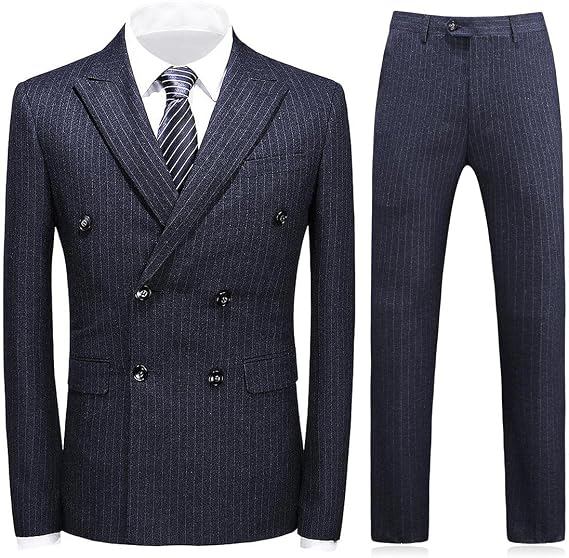 KUDORO Mens Suits 3 Piece Slim Fit Suit Double Breasted Pinstripe Suit Formal Wedding Tuxedo Suit