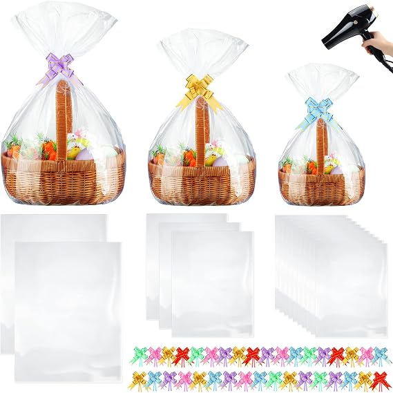CHENGU 95 Pcs Shrink Wrap Bags for Gift Baskets, Clear Plastic with Bows