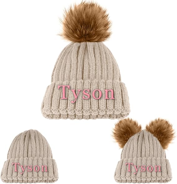 Custom Winter Beanie Hat, Customized Name Pom Pom Beanies Cap, Matching Knitted Hats for Baby Kid Adult