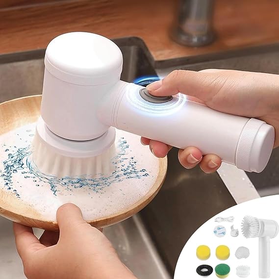 Electric Spin Scrubber, Electric Cleaning Brush with 6 Replaceable Brush Heads, USB Charging Electric Spin Scrubbers with 360 Rotation, Portable Electric Scrubbers Cordless for Kitchen, Bathroom
