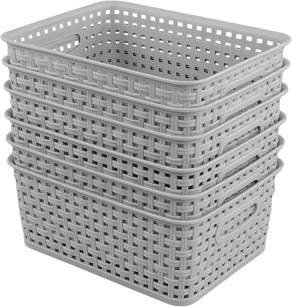 6-Pack Weave Basket, Plastic Storage Baskets for Organization, Gray