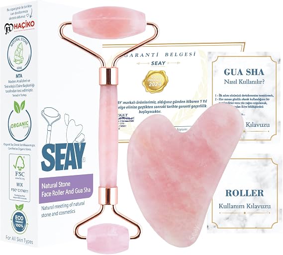 Seay Pembe Kuvars Quartz Face Roller & Guasha Yüz Masaj Aleti Takımı Masaj Taşı Doğaltaş Premium