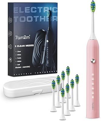 7AM2M Sonic Electric Toothbrush for Adults and Kids, with 8 Brush Heads and Travel Case,5 Modes with 2 Minutes Built in Smart Timer, One Charge Use for 90 Days, Rechargeable ToothbrushesPink