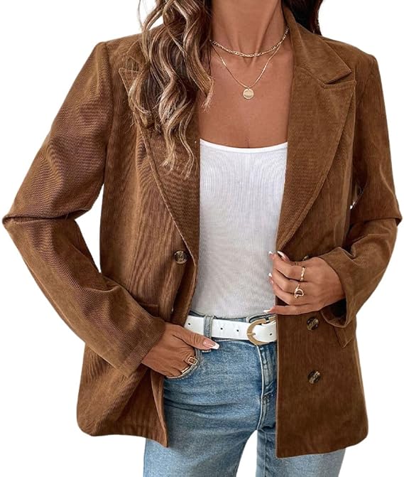 chouyatou Women's Casual Corduroy Blazer Jacket Elegant Notched Lapel Single Breasted Suit Jacket Top