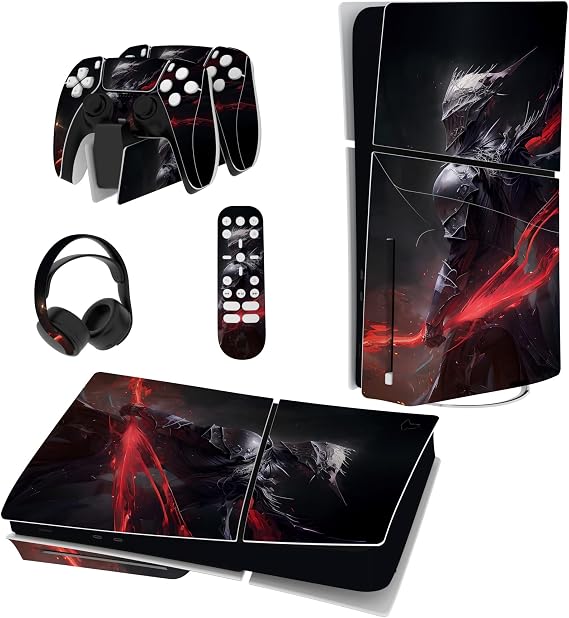PlayVital Full Set Skin Sticker for ps5 Slim Console Disc Edition (The New Smaller Design), Vinyl Skin Decal Cover for ps5 Controller & Headset & Charging Station & Media Remote - Abyss Knight