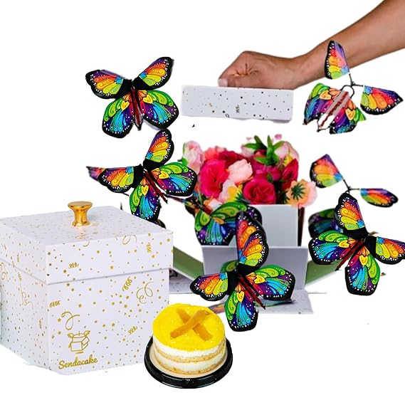 Celebration Explosion Box with Flying Butterfly Surprise by Send A Cake, Gluten-Free Lemon Bundt Cake & Candy Unique Birthday, Holiday & Special Occasion Gift for Women, Men, Adults, Kids