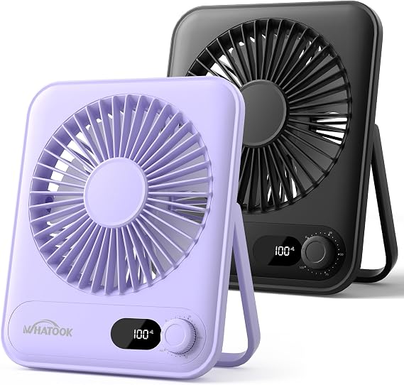 WHATOOK Small Desk Fan Personal Fans: 5000mah 25 Hours Battery Office Quiet Mini Desktop Fan Portable Rechargeable Travel Essentials (Black & Purple, Milliamp Hours, 5000)