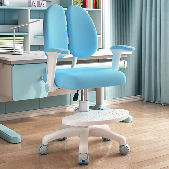 Kids Desk Chair, Ergonomic Children Study Chair with Adjustable Height & Depth, Student Swivel Rolling Task Chair with Backrest & Armrests for Boys Girls, Office Chair for Home, School, Library Blue