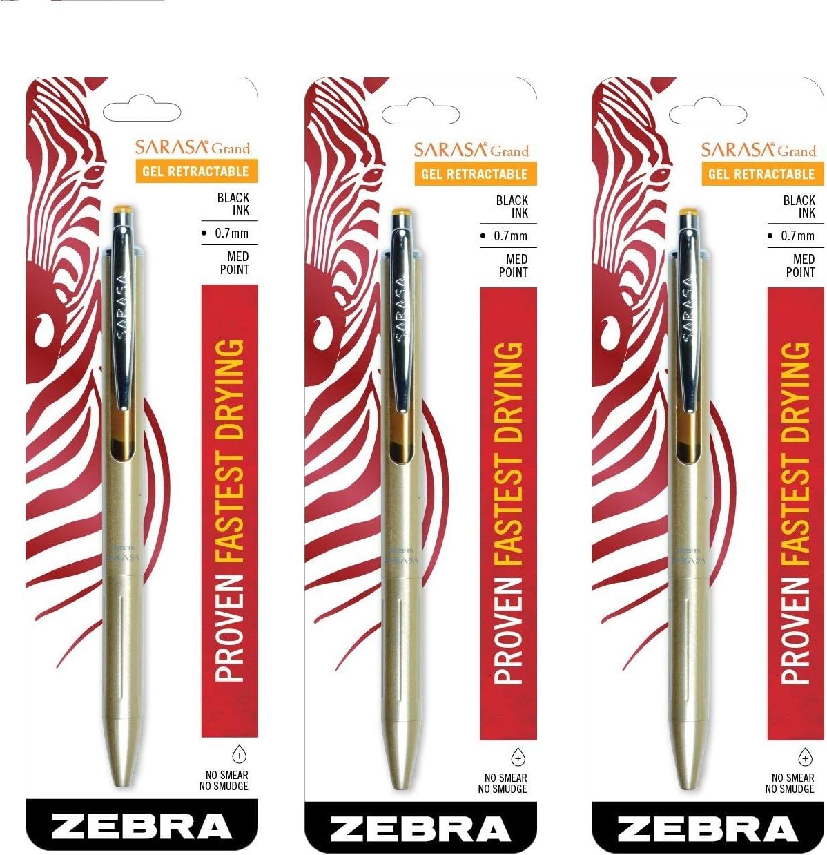 Zebra Pen Sarasa Grand, Retractable Gel Ink Pen, Gold Barrel, Medium Point, 0.7mm, Black Ink, Sold as 3 Pack