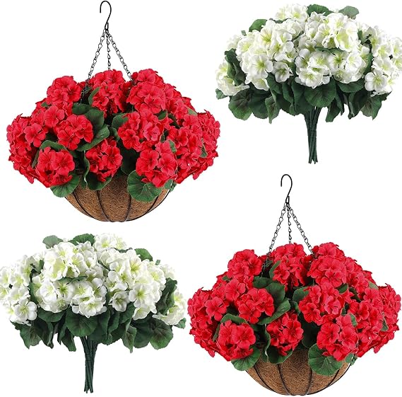 Hananona 2 Set Artificial Outdoor Geraniums Flowers with Hanging Basket, 2 Hanging Planters with 24 Pcs Red White Geranium Flowers for Spring Summer Front Porch Garden Patio Home Decor