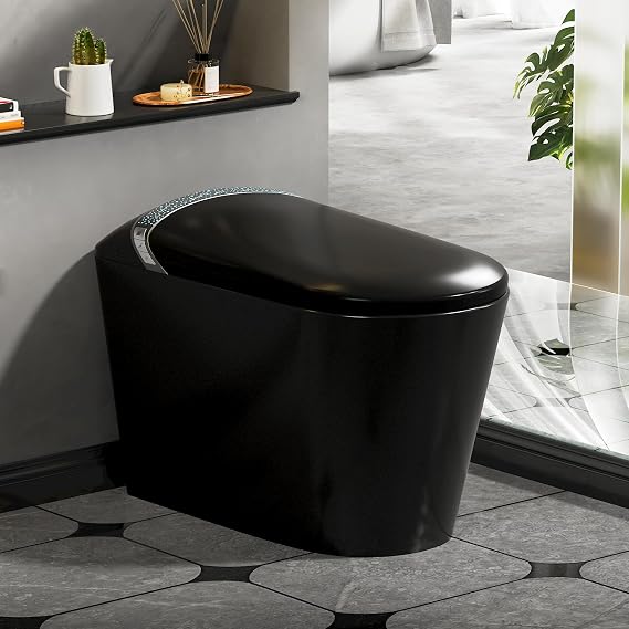 WinZo Smart Toilet with Bidet, 17 inch Comfort Seat Height, Auto Open/Close Foot Kick Flush Heated Seat, LED Night Light, 1.28 GPF Multiple Cleaning Modes (Matte Black)