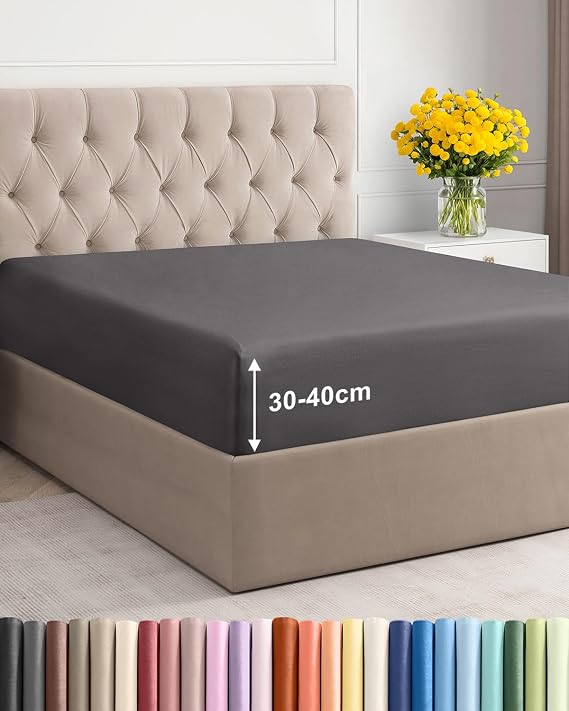Small Double Fitted Bed Sheet – Extra Deep Pocket – Fits Mattress up to 40cm (16") – Soft Brushed Microfiber – OEKO-TEX Certified – Shrinkage and Fade Resistant – Bottom Sheet, Dark Grey, 120 x 190cm