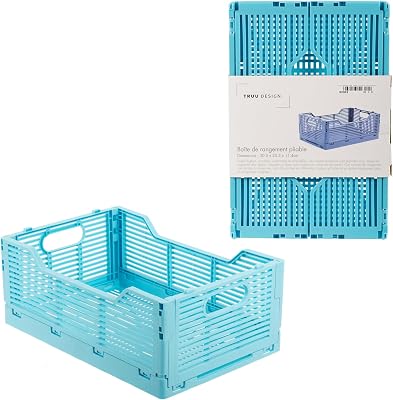 CTG Truu Design Folding Plastic Crates, 30.5 x 20.3 x 11.4cm, Sky Blue, 1Pack, Stackable Collapsible Storage Baskets Organizer for Home Office and Outdoor