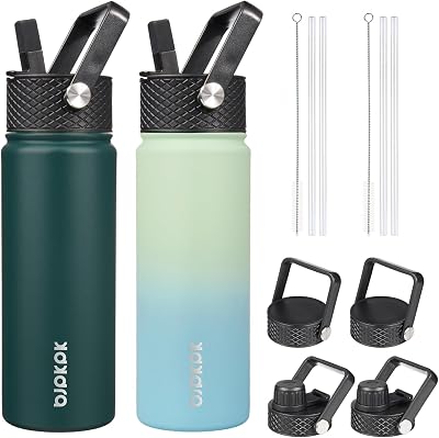 BJPKPK 2 Pack Insulated Water Bottles with Straw Lids, 22oz Stainless Steel Metal Water Bottle with 6 Lids, Leak Proof BPA Free Jugs, Cups, Flasks for Travel, Sports Army GreenMint