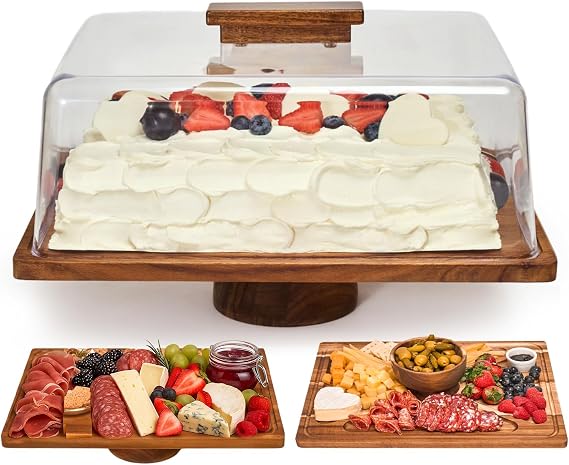 2-in-1 Acacia Wood Cake Stand with Acrylic Dome Cover | Solid Acacia Wood Base, Clear Shatterproof Acrylic Lid, Flips into Charcuterie Board, Fits Desserts and Parties