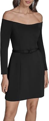 BCBG Womens Off The Shoulder Long Sleeve Belted A-line Mini Dress