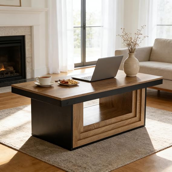 Tribesigns 47-Inch Farmhouse Rectangle Cocktail Living Room Coffee Table with Open Storage, Rustic Wood Fluted Center Table with Shelves, Brown and Black Tea Furniture