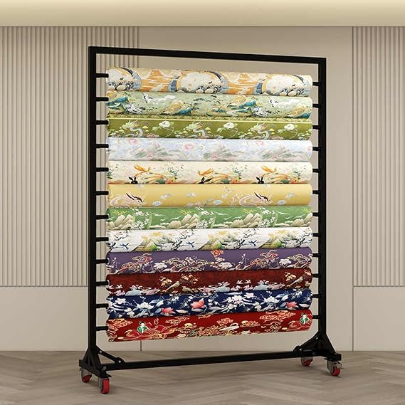 Commercial Fabric Roll Storage Rack with Adjustable Hanging Rod, Movable Heavy Duty Steel Organiser Holder for Vinyl Rolls/Leather Rolls/Window Film/Wallpaper Displays, with Wheels(8 rods,175cm)