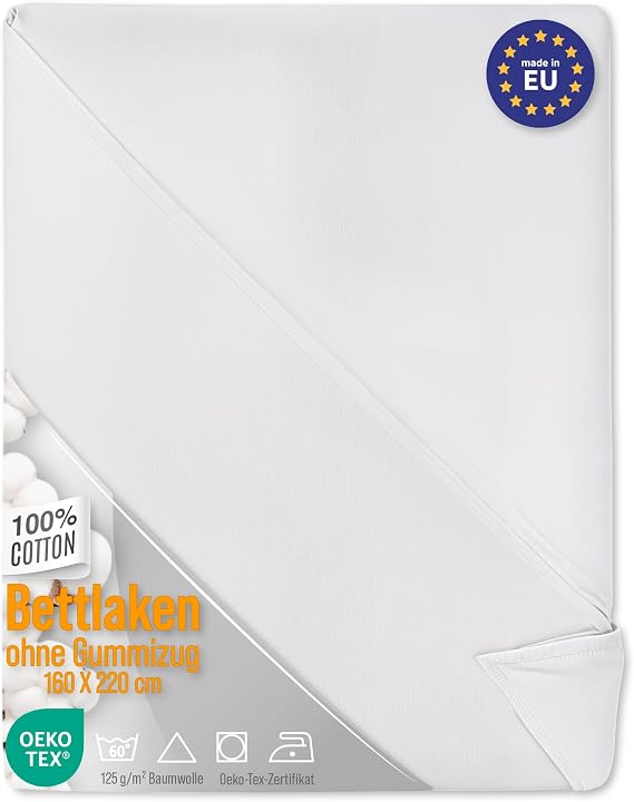 Bed Sheet without Elastic Cotton 180 x 200 cm - Bed Sheets Bed Sheet without Rubber and Sheet Bedsheets Cotton Fabric White and Boil-Proof with Oeko-Tex Certificate 180 x 200 cm