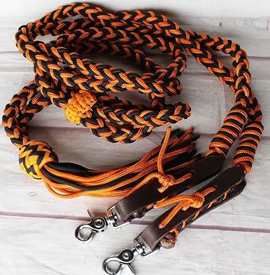 CHALLENGER Horse Roping Western Barrel Split Reins Nylon Braided Black Orange Tack 607136